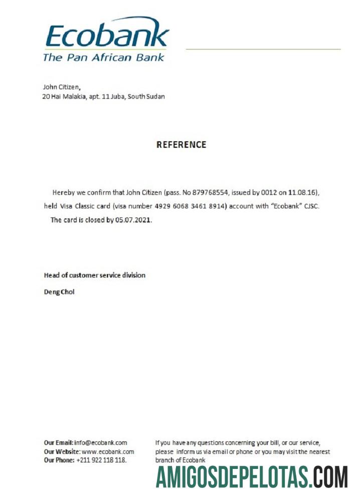 Referência de encerramento do Ecobank do Sudão do Sul amostra